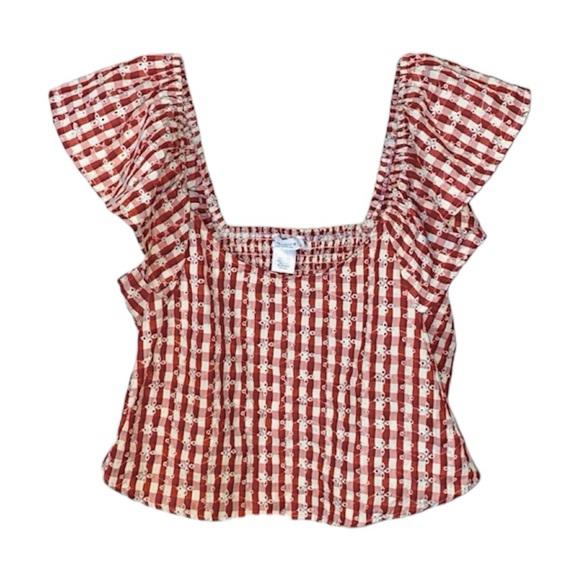 Kirious Tops - Kirious Red/Cream 100% Cotton Floral Gingham Crop Top, Size Large